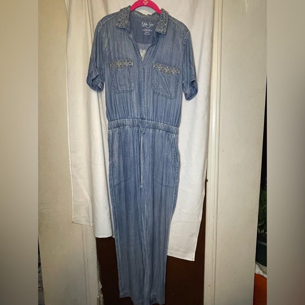NWT Kyla Seo Estelle Blue Tencil Embroidered Back Jumpsuit Handmade Size Small